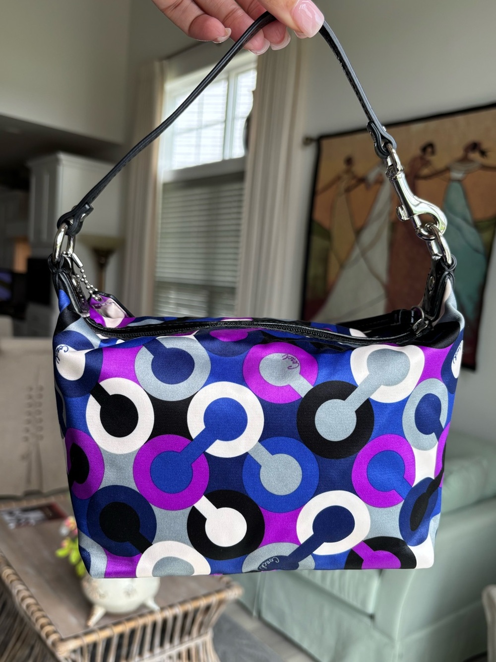 💙🖤💜COACH Alex Op Art Purple Multiprint Wristlet Mini Bag💜🖤💙 - Picture 5 of 13